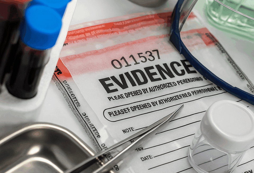 Evidence bag with test tubes, twizers, and other laboratory materials