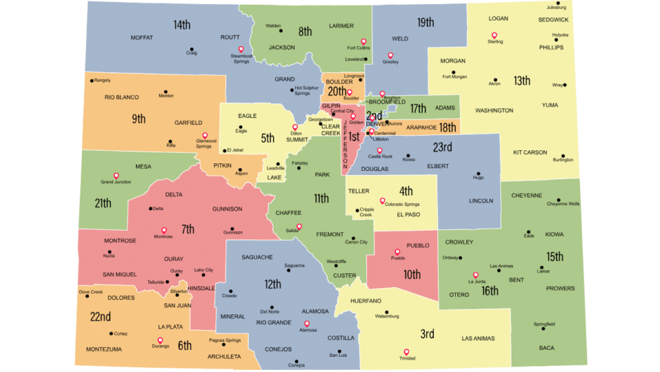 Colorado map of Trial Office for each Colorado Judicial District
